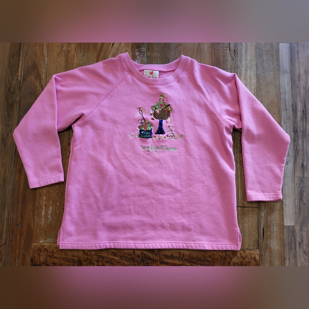 Quacker Factory Womens XL Pink Crewneck Sweatshirt Lazy Days Of Summer Picnic